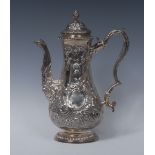 A George III silver baluster coffee pot, hinged domed cover with bud finial, gadrooned rim,