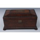 A Regency rosewood and brass marquetry sarcophagus work box,