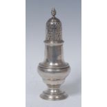 A George III silver pear shaped pepper caster, spiral knop finial, gadrooned borders,