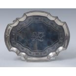 A George III silver shaped rectangular card waiter, engraved with initials,