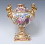 An unusual Derby two handled ogee shape vase, painted by Robert Brewer,