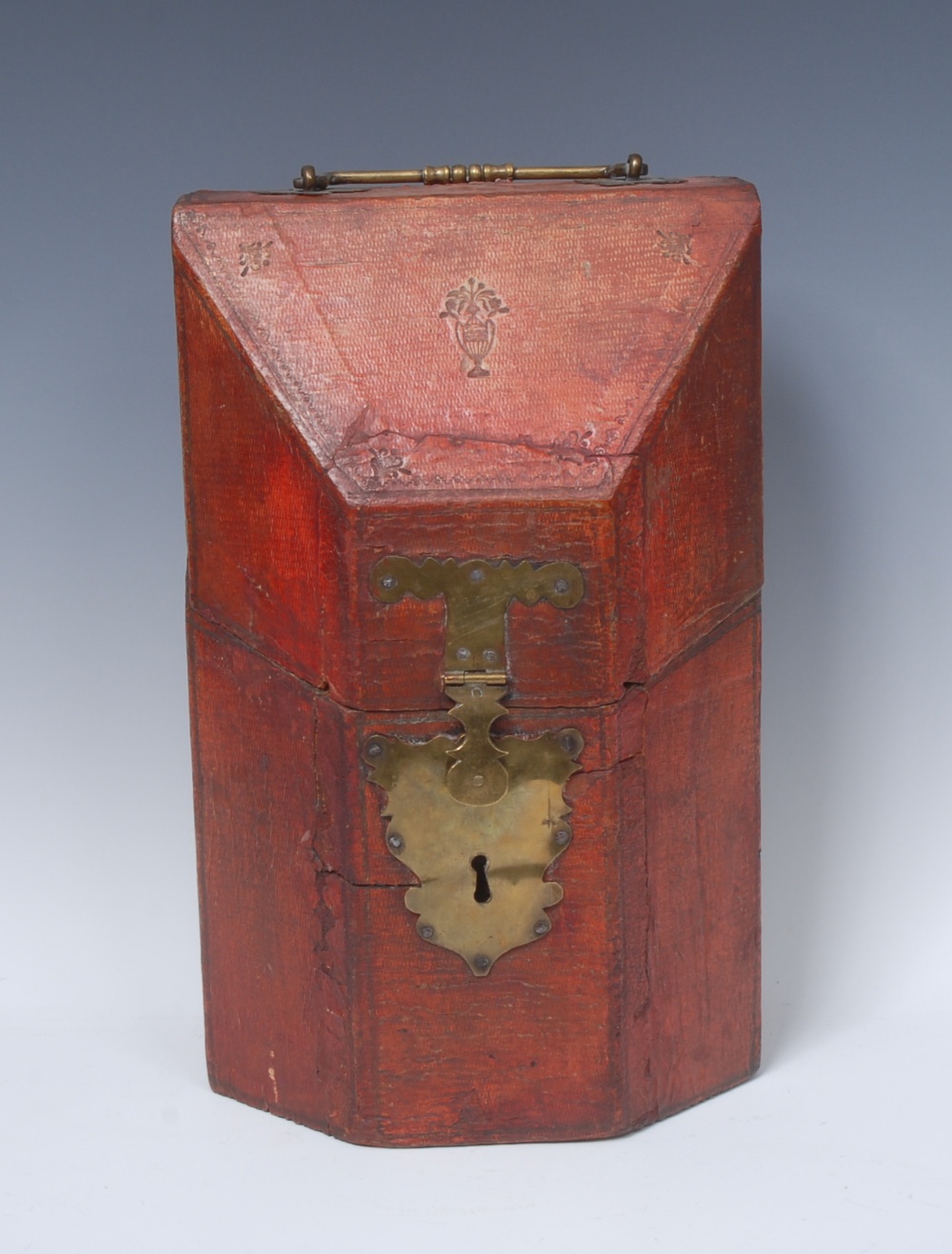 An 18th century Continental red leather knife box,