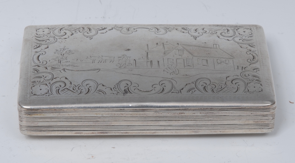A 19th century Dutch silver rectangular tobacco box, hinged cover engraved with a farmstead,