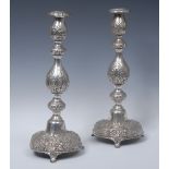 Judaica - a pair of large Edwardian silver Sabbath candlesticks, detachable nozzles,