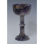 A Derbyshire Blue John goblet, bucket shaped bowl, knopped stem, domed circular foot,