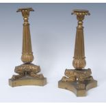 A pair of 19th century ormolu Empire candlesticks, leafy nozzles,