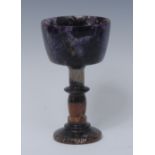 A Derbyshire Blue John goblet, deep bucket shaped bowl, knopped stem, spreading circular foot,