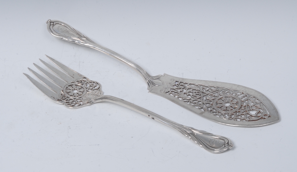 A pair of Victorian silver lily pattern fish servers,