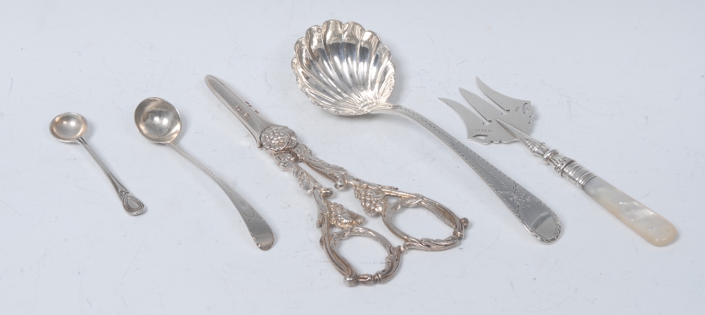 A pair of Victorian silver grape shears, cast with fruiting vine,