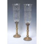 A pair of early 20th century brass storm lanterns, etched glass shades,