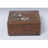 A 19th century French kingwood parquetry and marquetry canted square dressing table box,