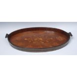A 19th century Dutch brass bound mahogany and marquetry oval gallery tray,