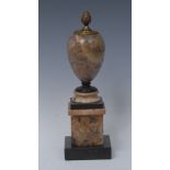 A Derbyshire spar ovoid mantel urn, acanthus bud finial, black marble and alabaster socle,