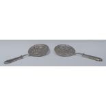 A pair of Turkish silver pattisserie servers, pierced circular blades,