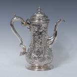 A George II silver baluster coffee pot, hinged domed cover with knop finial,