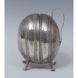 A Continental silver ovoid string box, probably German, hinged at the centre,