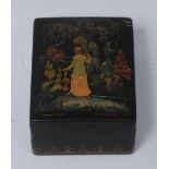 A Russian lacquer rectangular box, push-fitting cover decorated with a lady of title,