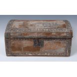 An 18th century pony skin domed rectangular document box, brass studded borders,