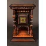 An imposing Victorian Arts and Crafts oak, boxwood, parcel-gilt and ebonised bracket clock,