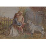 Joseph Bouvier (1839 - 1888) Feeding the Goat signed, dated 1872, watercolour, 23.5cm x 17.