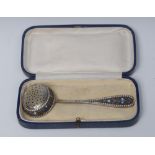 A late 19th/early 20th century Russian silver and cloisonne enamel sifter spoon,