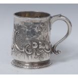 A George II silver half pint mug, chased with C-scrolls, scales and flowers,