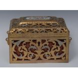 A 19th century French porcelain mounted gilt and silvered brass rectangular dressing table casket,