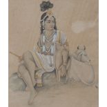 Indian School (19th century) Lady with a Cow, Flute and Fawn watercolour, 19.5cm x 16.