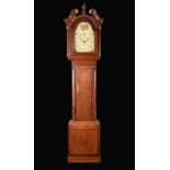 A George III oak and mahogany longcase clock, 29cm painted arched dial inscribed Johnson,