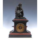 A 19th century French dark patinated bronze mounted rouge marble and belge noir mantel clock, 11.