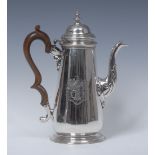 A George II silver tapered cylindrical coffee pot, hinged domed cover with knop finial,