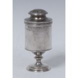 A George III silver cylindrical pedestal spice caster or muffineer, domed pierced bun shaped cover,