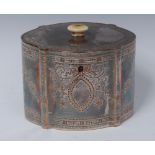 A George III Shefield plate commode shaped tea caddy, bright-cut engraved with flowering swags,