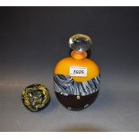 Studio Glass - a flattened ovoid scent bottle, in ochre and brown with millefiori inclusions, 20cm,