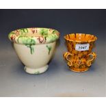 Studio Pottery - a slip glazed tyg, yellow and brown decoration, 10cm high; another larger,