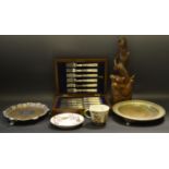 A Victorian silver plated salver; another; a cased set of six dessert knives and forks;