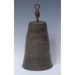 A Chinese archaic bronze bell, seep band cast with alternating stylised animals,