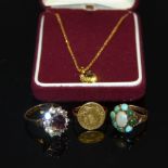 Jewellery - a gold coloured coin ring gold coloured mount; a dress ring; another;
