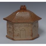 A Derbyshire brown salt glazed stoneware hexagonal cottage tobacco box and cover,