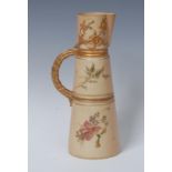 A Royal Worcester spreading cylindrical jug, printed and painted with colourful floral sprigs,