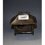 A Japanese bronze incense burner, as a thatched hut, 10cm wide, 9cm high,