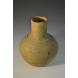 A David Leach Studio Pottery eathernware ovoid bottle vase, ribbed shoulder,