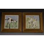 A pair of 1930's Minton tiles, decorated by Polly Brace, with Lambs and Calf, 14cm square,