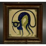 A Minton ceramic wall tile, painted with a stylised Capuchin Monkey, leafy fruit to angles,