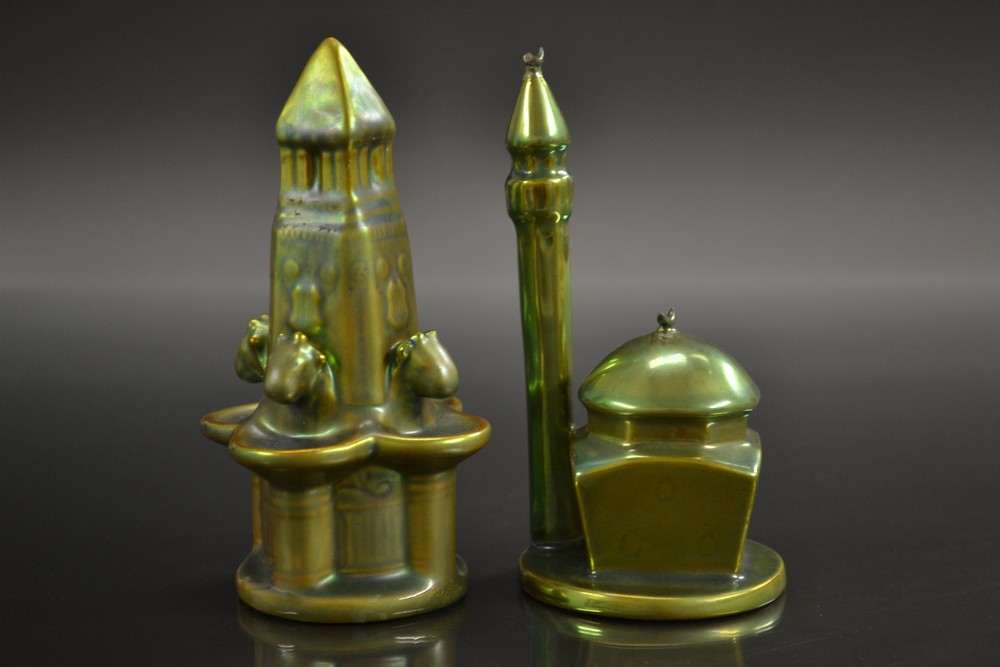 A Zsolnay Pecs mosque, with Eosin Minaret, in green lustre, 14cm high,