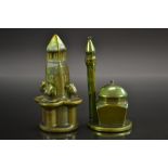 A Zsolnay Pecs mosque, with Eosin Minaret, in green lustre, 14cm high,