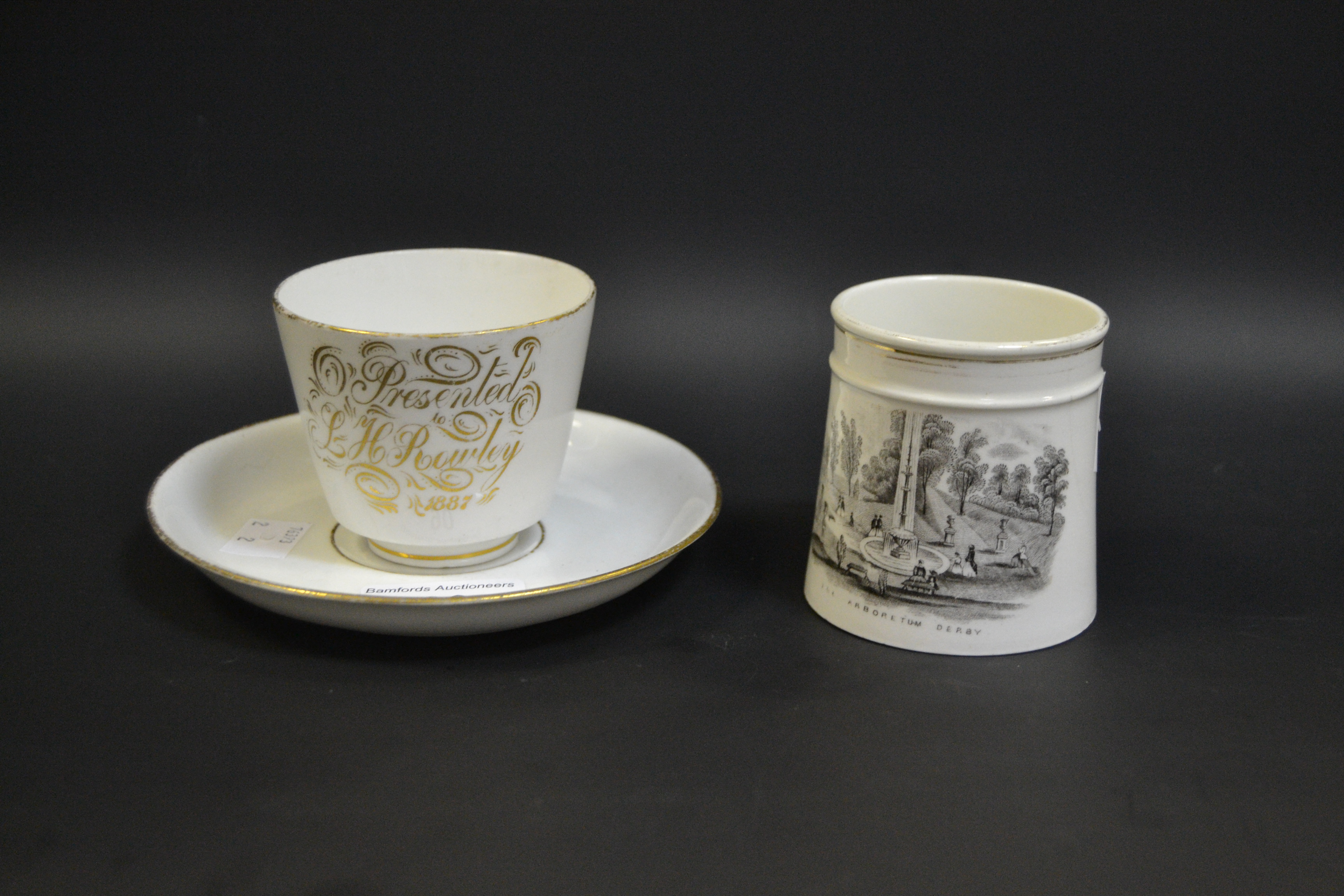 A English Porcelain mug, transfer printed in monochrome with The Arboretum, Derby,