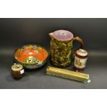 A Regal Lustre bowl; a majolica jug; lighters;