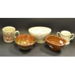 Ceramics - a stoneware jelly mould; a Crich pottery bowl; commemorative loving cup ;