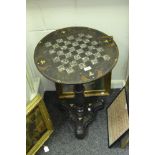 A Victorian papier mache top, mother of pearl inlay chess board top, occasional table,